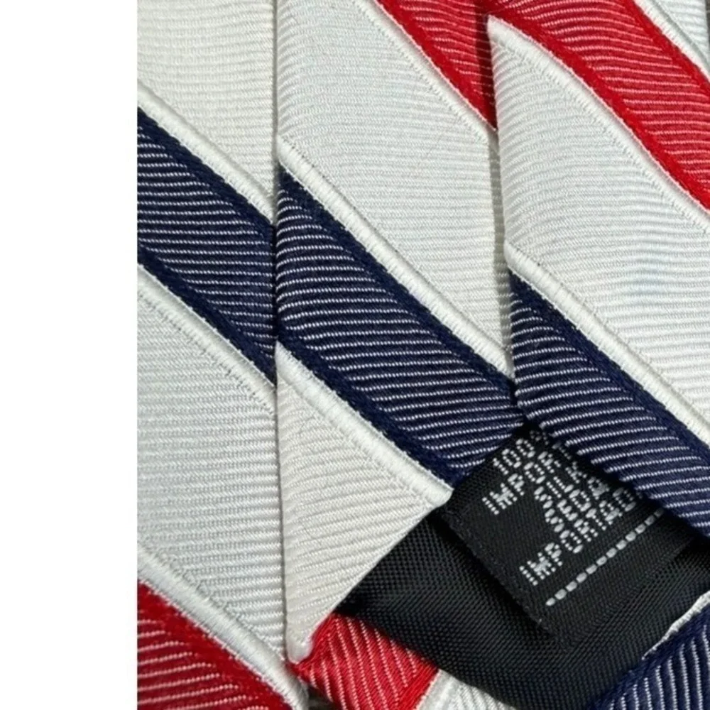 Don Loper Beverly Hills Mens Red White Navy Blue Striped 100%‎ Silk Necktie USA!